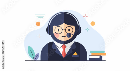 Friendly person with headset and books, graphic style