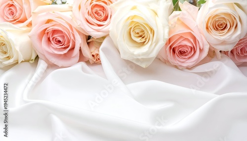 Close-up of pastel roses atop a flowing, white silk fabric, soft lighting