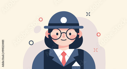 Flat illustration of a person in a suit, hat, and glasses