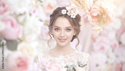 A woman smiles, framed by flowers, in a dress. Soft light bathes the romantic scene