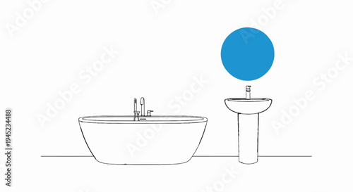Line drawing of a bathtub and pedestal sink with a blue circle above