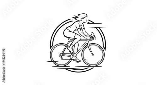 Line art of a woman cycling vigorously within a circular emblem
