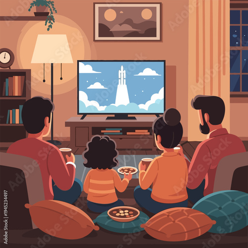 A family is watching a spacecraft launch together at home in the evening