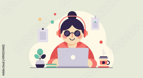 Person in headphones and glasses working on laptop with coffee and plant