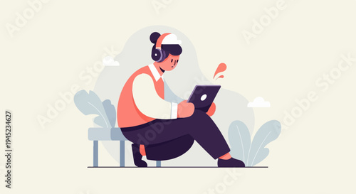 Person in headphones using a tablet on a bench surrounded by plants