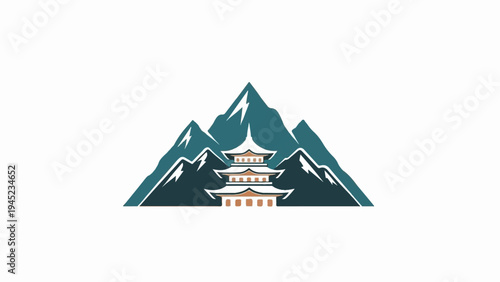 Pagoda structure nestled amidst jagged mountains with snowy peaks