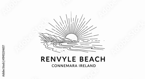 Linear graphic of sunrise over a wavy shoreline and distant hills