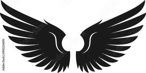Pair of stylized black wings spread wide against white background