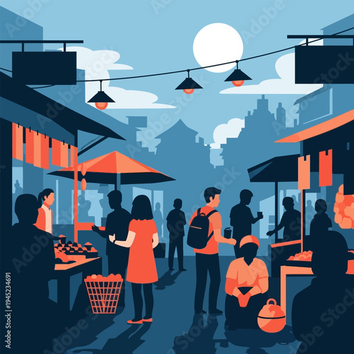 Asian Market Scene With People Silhouettes and Food Stalls