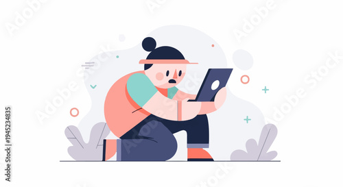 Person crouching, engrossed in laptop use, surrounded by abstract shapes