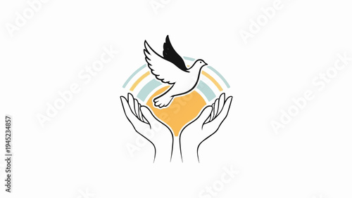 Gentle hands release a dove into a colorful sky
