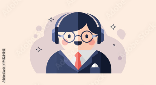 Flat illustration of a person wearing headphones, glasses, and a suit