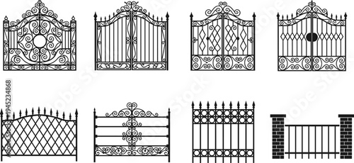Collection of eight black and white wrought iron gate and fence designs featuring ornamental scrollwork, geometric patterns, pointed finials, lattice styles, and brick pillars
