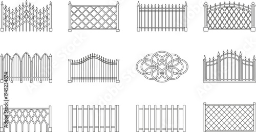 Collection of decorative metal fence and gate icons in line vector style, ornamental garden barriers, wrought iron railings and lattice panels isolated