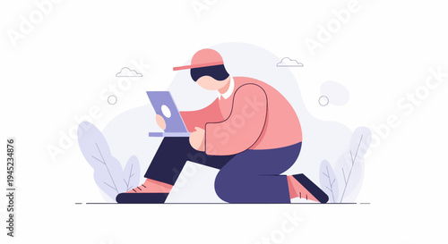 Person in pink shirt and cap working on laptop, surrounded by foliage