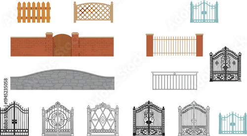 Collection of eighteen fence and gate designs featuring wooden picket, lattice, brick walls, stone barriers, ornate wrought iron, decorative scrollwork, and architectural inspiration