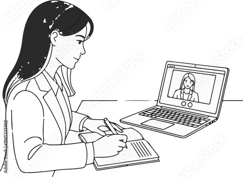Person in a suit taking notes during a video call on a laptop