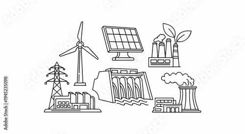 Diverse renewable and industrial energy sources illustrated in outline style