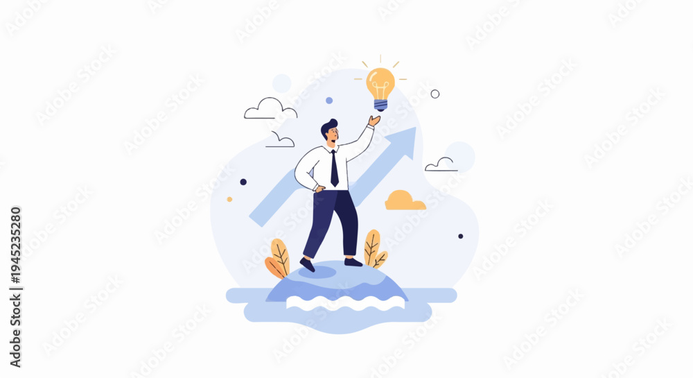 Fototapeta premium Man holding idea lightbulb on island with growth arrow and clouds