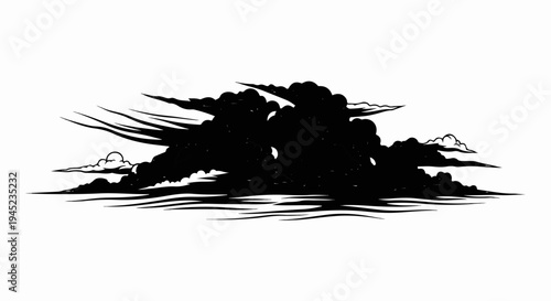 Dramatic black clouds billow across a white background, with wispy white clouds on either side