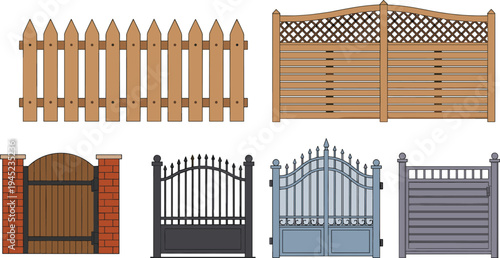 Collection of six diverse fence and gate designs including picket, lattice, wooden, wrought iron, ornate double-door, and modern horizontal slat styles with brick pillars
