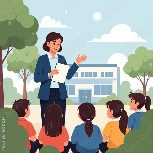 Teacher speaking to students in front of a school building