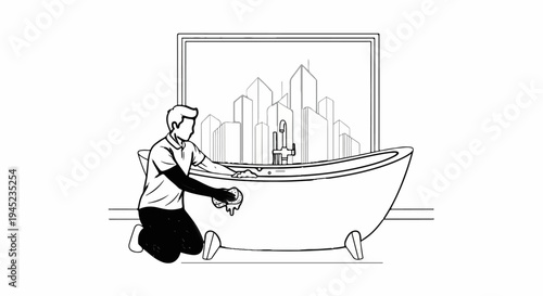 Man cleans bathtub with city skyline visible through window