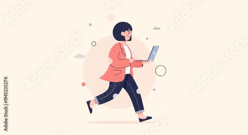 Person in a coral jacket, dark pants, holding a laptop, running