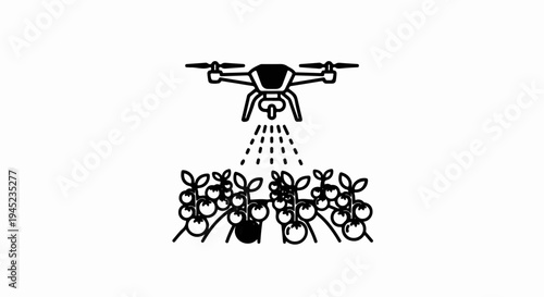 Drone spraying crops in a field with fruit