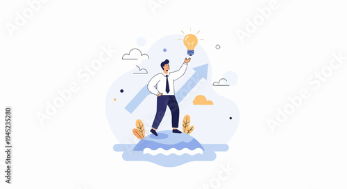 Man holding idea lightbulb on island with growth arrow and clouds