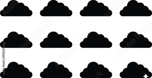 Collection of twelve black cloud icons in grid arrangement with rounded shapes, including unique design variation, symbolizing weather, digital graphics, pattern recognition, and artwork
