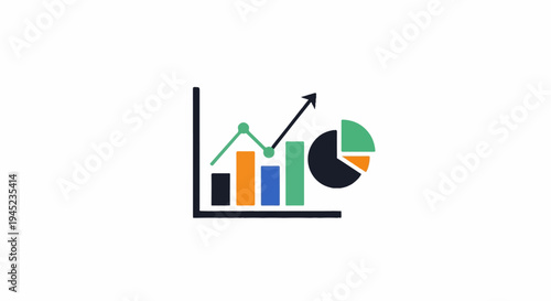 Colorful bar and pie charts with upward trend arrow