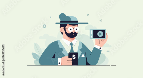 Man in hat and suit holds phone with dollar sign, and video player