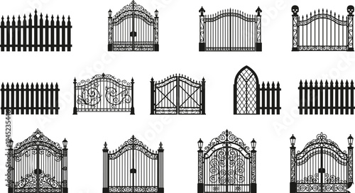 Collection of twelve black silhouette fence and gate designs featuring ornate wrought iron, picket styles, decorative scrollwork, lanterns, skull motifs, and architectural inspiration
