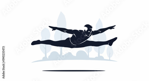 Dynamic silhouette of a person performing a split leap over a stylized landscape
