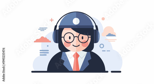 Flat design cartoon of a smiling person with headphones and glasses