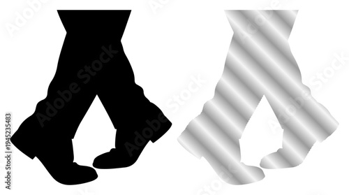 Silhouettes of legs in motion, one black, one metallic, suggesting movement and contrast.