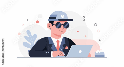 Man in hat and sunglasses works on laptop with plant and abstract shapes