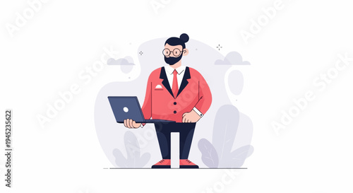 Man in red suit, glasses, and bun hairstyle holding a laptop