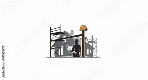 Construction worker with blueprint and safety helmet near houses