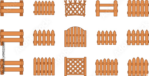 Collection of wooden fence icons in flat cartoon vector style, garden and farm picket barriers, lattice and panel fences isolated on light background