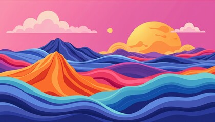 Leinwandbilder Rosa Abstract landscape with wavy hills and a sunset background in vibrant colors   © Egor