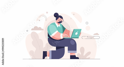 Person in teal shirt and dark pants working on laptop, stylized