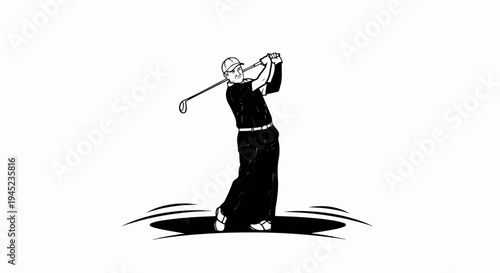 Golfer in full swing, depicted in a stylized black and white illustration