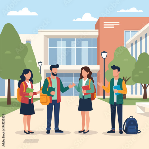 Students talking outside a university building with backpacks and books