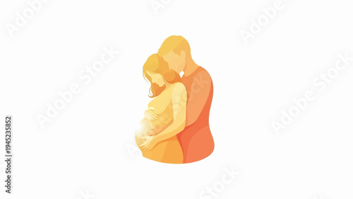 Couple embracing, woman cradling pregnant belly with warm glow