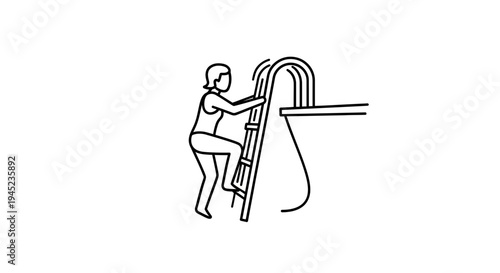 Woman climbing ladder into swimming pool, summer leisure activity, outdoor recreation