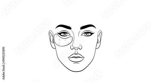 Woman applying under eye patches, skincare routine, beauty treatment, close-up face, black and white line art.