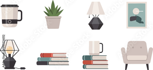 Cozy home objects mug, plant, lamps, books, painting, armchair