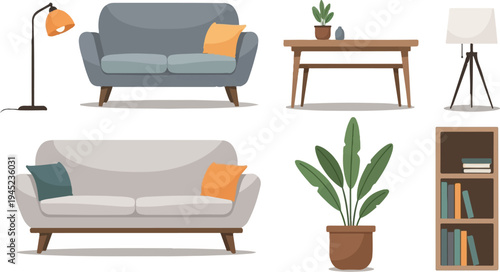 Cozy home interior with plush sofas, a wooden table, and a bookshelf